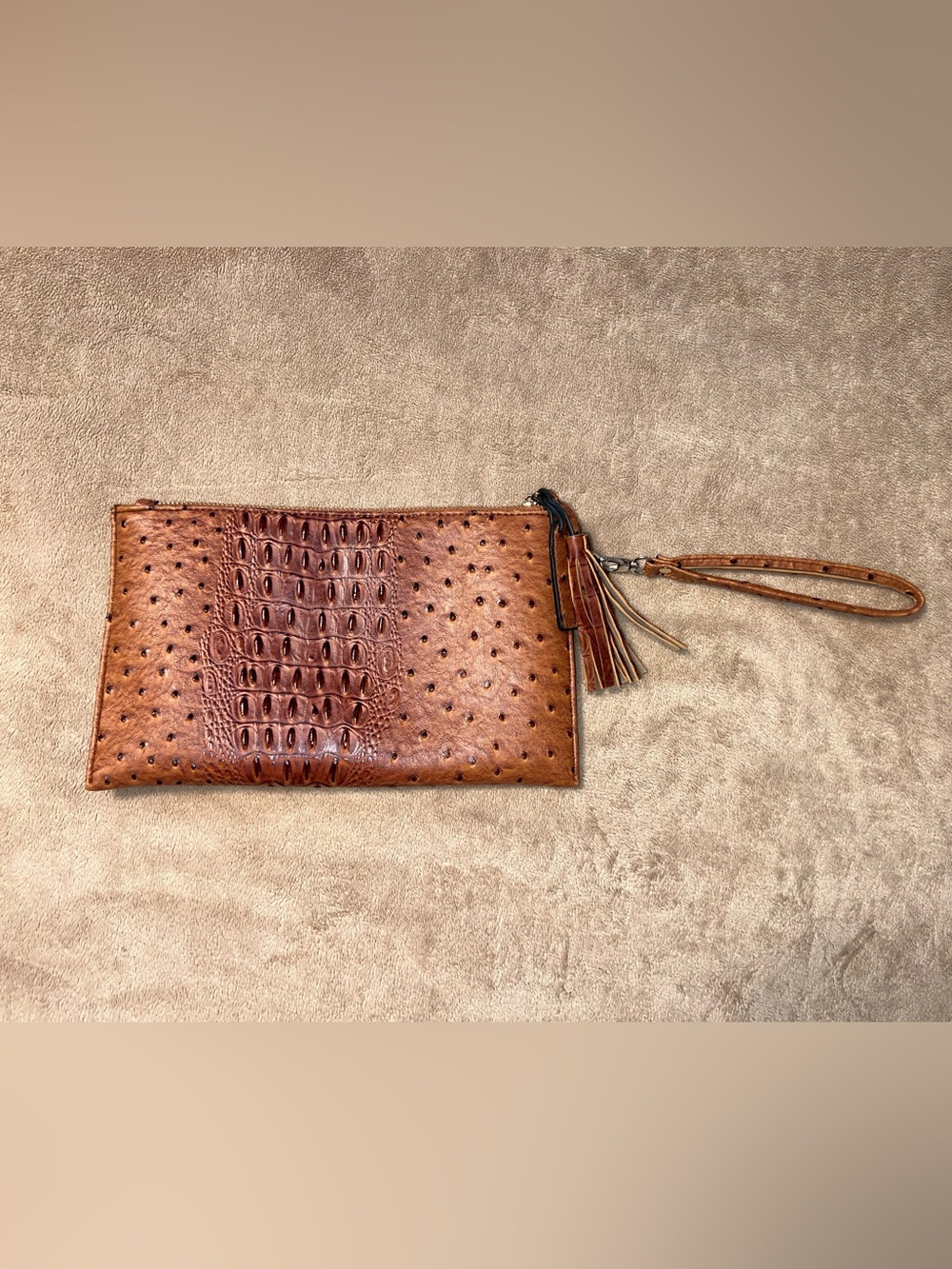 Brown Ostrich-Embossed Wristlet Clutch